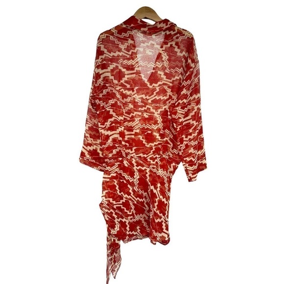 Carmen Marc Valvo Women Collared Sheer Swim Cover Up Long Sleeve Shirt Red Small - Picture 5 of 5